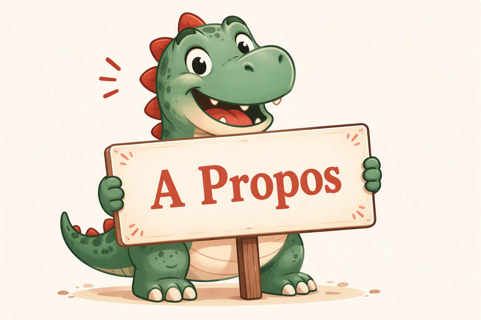 Un petit dinosaure tenant une pancarte « À propos »