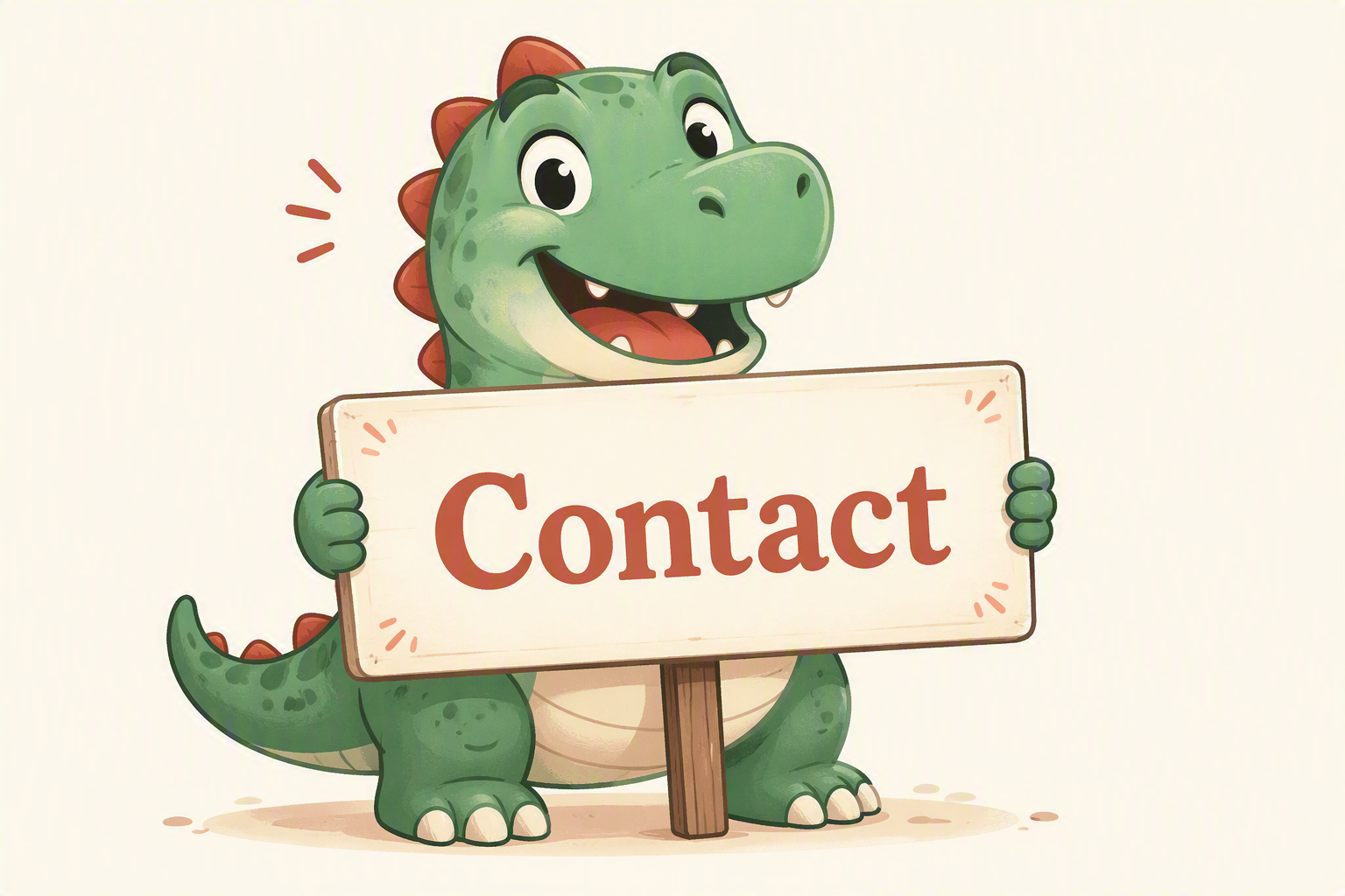 Un petit dinosaure tenant une pancarte « Contact »