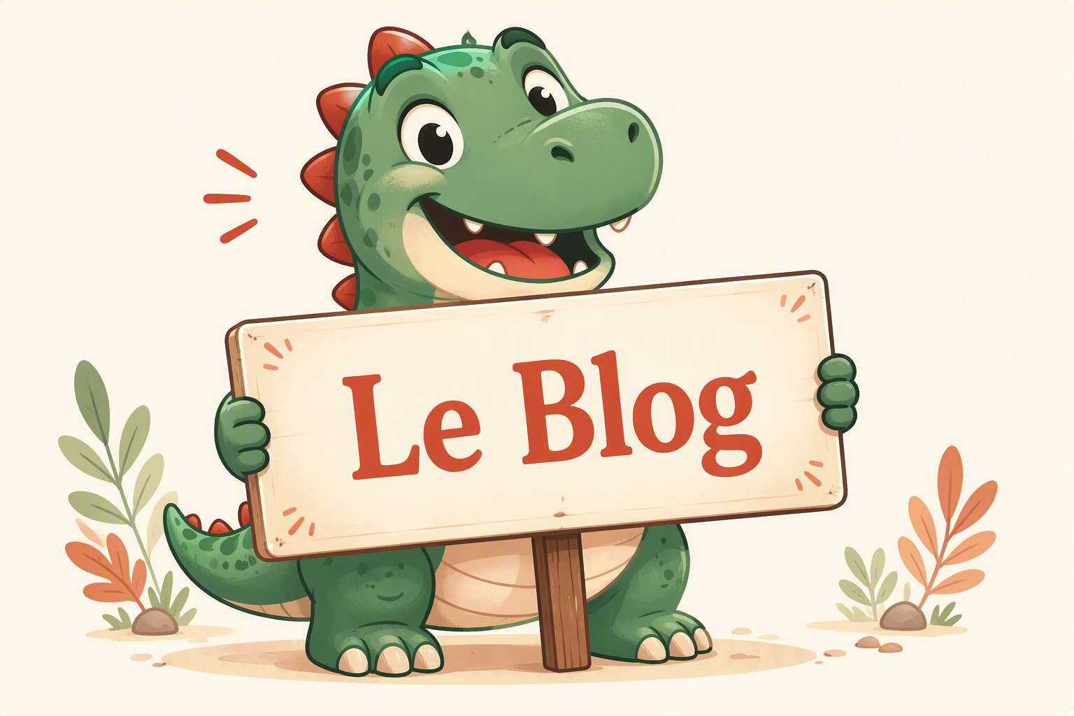Un petit dinosaure tenant une pancarte « Le Blog »